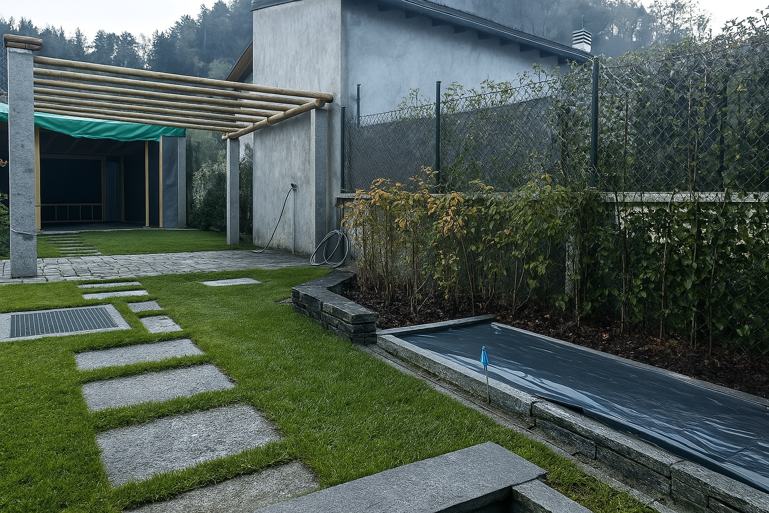 Giardino con pergola realizzato da Nikola Giardini e Figli nel Canton Ticino
